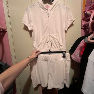 Juicy Couture Cream Hooded Zip-Up Terry Cloth Shorts Set Y2K Medium